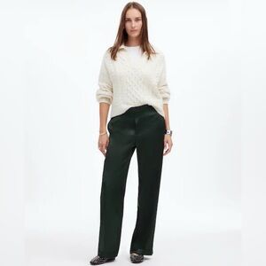 Madewell Pull-On Straight Pants Luxury Forest Green Stretch Satin Style NT145